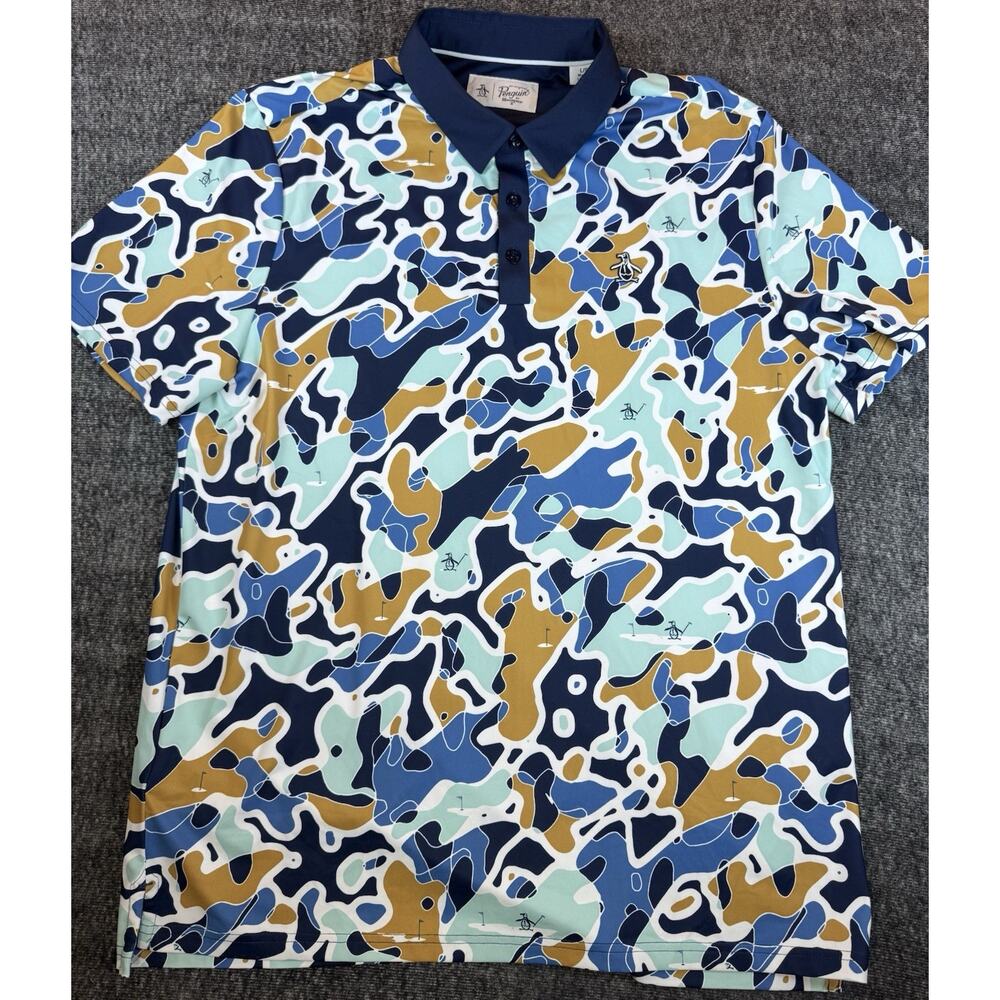 Mens Original Penguin Golf Polo Blue Tan White Bunker Camoflauge Print XL